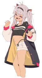 Rule 34 | 1girl, :d, akitetsu, antenna hair, black hairband, black shirt, crop top, cropped legs, crossed bangs, fang, feet out of frame, flat chest, grey hair, hair between eyes, hairband, highleg, highleg panties, highres, jacket, jacket partially removed, long sleeves, looking at viewer, matsukai mao, medium hair, midriff, navel, nijisanji, open clothes, open jacket, open mouth, panties, pink eyes, shirt, shorts, simple background, skin fang, smile, solo, twintails, twisted torso, underwear, virtual youtuber, white background, white jacket, white shorts