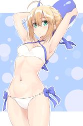 Rule 34 | 1girl, :o, ahoge, artoria pendragon (fate), artoria pendragon (swimsuit archer) (fate), artoria pendragon (swimsuit archer) (first ascension) (fate), ball, beachball, bikini, blonde hair, blue bow, blue ribbon, bow, breasts, cleavage, cowboy shot, criss-cross halter, fate/grand order, fate (series), green eyes, hair between eyes, hair ribbon, halterneck, highres, holding, holding ball, looking at viewer, navel, outline, parted lips, ribbon, short hair, shunichi, small breasts, standing, stomach, swimsuit, thighs, white bikini, white outline