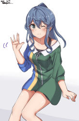 Rule 34 | 1girl, alternate costume, bad id, bad twitter id, blue eyes, blue hair, collarbone, commentary request, cowboy shot, dress, gotland (kancolle), green dress, highres, invisible chair, kantai collection, long hair, looking at viewer, meguru (megurunn), mole, mole under eye, multicolored clothes, multicolored dress, one-hour drawing challenge, ponytail, simple background, sitting, smile, solo, waving, white background
