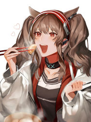 Rule 34 | 1girl, angelina (arknights), animal ears, arknights, black shirt, blush, bowl, breasts, brown hair, chopsticks, coat, collarbone, commentary, dumpling, earpiece, eating, eyelashes, food, fox ears, hair between eyes, hairband, heart, highres, holding, holding chopsticks, infection monitor (arknights), jacket, jiaozi, long hair, medium breasts, odoroki itakotoni (kaiteki nakusshon), open clothes, open coat, open jacket, open mouth, red eyes, red jacket, shirt, simple background, smile, solo, sparkling eyes, steam, twintails, unzipped, upper body, white background, white coat