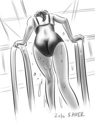 Rule 34 | 1girl, ass, competition school swimsuit, competition swimsuit, long hair, monochrome, one-piece swimsuit, ponytail, pool, pool ladder, saver (artbysaver), saver (artist), school swimsuit, swimsuit, wet