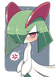 Rule 34 | angry, bags under eyes, blush, colored skin, commentary, creatures (company), game freak, gen 3 pokemon, green hair, grey background, hair over one eye, highres, horns, ino (tellu0120), kirlia, looking at viewer, multicolored skin, nintendo, pink eyes, pokemon, pokemon (creature), pout, simple background, teardrop, trembling, two-tone skin, white skin