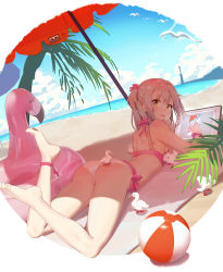 Rule 34 | 1girl, absurdres, anklet, ass, back, ball, bare shoulders, barefoot, beach, beach umbrella, beachball, bikini, bird, blue sky, blush, brown eyes, cloud, day, drawing, drawing tablet, duck, from behind, hand on own cheek, hand on own face, head rest, highres, holding, holding stylus, innertube, jewelry, long hair, looking at viewer, looking back, lying, ocean, on stomach, one side up, open mouth, original, outdoors, outside border, palm tree, recursion, sand, side-tie bikini bottom, silver hair, sky, smile, solo, stylus, swim ring, swimsuit, toes, tree, umbrella, water, white bikini, yinqi