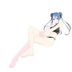 Rule 34 | 1girl, absurdres, bare shoulders, barefoot, bikini, blue eyes, blue hair, crossed legs, double bun, hair bun, highres, interlocked fingers, light smile, long hair, matching hair/eyes, original, own hands clasped, own hands together, shinoi, sidelocks, simple background, sitting, solo, swimsuit, tankini, white background