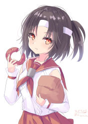 Rule 34 | 1girl, absurdres, bag, black hair, breasts, brown eyes, collarbone, detached sleeves, doughnut, eating, food, headband, highres, hizaka, kantai collection, looking at viewer, nagara (kancolle), one side up, paper bag, pleated skirt, red sailor collar, sailor collar, school uniform, serafuku, short hair, signature, simple background, skirt, small breasts, solo, twitter username, upper body, white background