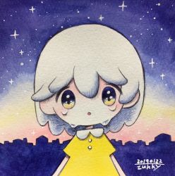 Rule 34 | 1girl, dated, dress, highres, medium hair, original, parted lips, short sleeves, signature, sky, solo, star (sky), starry sky, tears, traditional media, upper body, white hair, yellow dress, yellow eyes, zukky000