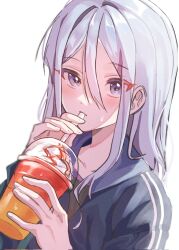 Rule 34 | 1girl, black shirt, blue jacket, blush, collarbone, commentary, cup, drinking, drinking straw, film grain, hair between eyes, highres, holding, holding cup, jacket, long hair, looking at viewer, newda al, project sekai, purple eyes, shirt, sidelocks, simple background, solo, sweatdrop, upper body, white background, white hair, yoisaki kanade
