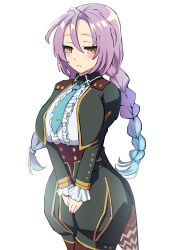 Rule 34 | 1girl, alternate breast size, blush, braid, breasts, clorica (rune factory), commission, frills, highres, large breasts, long hair, long sleeves, looking at viewer, necktie, pixiv commission, purple hair, rune factory, rune factory 4, sakamata (sakamata4), solo, twin braids, white background, yellow eyes