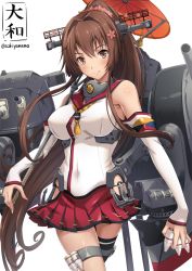 Rule 34 | 10s, 1girl, bare shoulders, blush, breasts, brown eyes, brown hair, covered navel, covered erect nipples, hair ornament, headgear, kantai collection, large breasts, long hair, looking at viewer, machinery, miniskirt, oil-paper umbrella, ponytail, sakiyamama, single thighhigh, skirt, smile, solo, thighhighs, turret, umbrella, very long hair, yamato (kancolle)