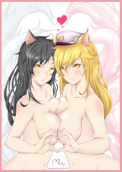 Rule 34 | 2girls, :o, absurdres, ahri (league of legends), animal ears, artist name, bare shoulders, black hair, blonde hair, blush, breast press, breasts, collarbone, completely nude, dual persona, female focus, fox ears, fox girl, fox tail, hat, heart, heart hands, heart hands duo, highres, large breasts, league of legends, long hair, looking at viewer, meev, midriff, multiple girls, navel, nude, open mouth, popstar ahri, riot games, shiny skin, sideboob, smile, symmetrical docking, tail, white background, yellow eyes