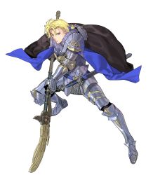 Rule 34 | 1boy, alternate hairstyle, armor, blonde hair, blue eyes, cape, dimitri alexandre blaiddyd, fire emblem, fire emblem: three houses, fire emblem warriors, fire emblem warriors: three hopes, green eyes, highres, holding, holding weapon, kurahana chinatsu, long hair, nintendo, official alternate costume, official art, solo, weapon, white background