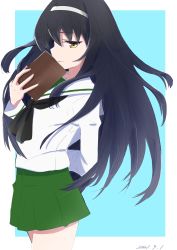 Rule 34 | 1girl, absurdres, arm behind back, black hair, blouse, blue background, book, border, brown eyes, closed mouth, commentary, cowboy shot, dated, from side, girls und panzer, green skirt, hairband, half-closed eyes, highres, holding, holding book, long hair, long sleeves, looking at viewer, miniskirt, neckerchief, ooarai school uniform, oritako, pleated skirt, reizei mako, sailor collar, school uniform, serafuku, shirt, simple background, skirt, smile, solo, standing, white border, white hairband, white sailor collar, white shirt