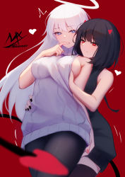 Rule 34 | 2girls, absurdres, angel, angel and devil, angel girl (shimmer), areola slip, bare shoulders, black-haired demon girl (shimmer), black hair, black legwear, black nails, black sweater, blue eyes, grabbing another&#039;s breast, breasts, commentary, demon girl, demon horns, demon tail, grabbing, halo, heart, heart-shaped pupils, highres, horns, long hair, medium breasts, multiple girls, nail polish, original, pantyhose, red background, red eyes, red horns, shimmer, short hair, signature, simple background, sleeveless, sleeveless sweater, sweater, symbol-only commentary, symbol-shaped pupils, tail, thighhighs, turtleneck, turtleneck sweater, white hair, white sweater, yuri