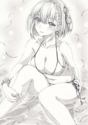 Rule 34 | 1girl, bikini, breasts, cleavage, graphite (medium), hair ribbon, halterneck, legs, lycoris recoil, mikuro, monochrome, nishikigi chisato, ribbon, short hair, side-tie bikini bottom, solo, string bikini, swimsuit, traditional media, water