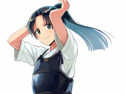 Rule 34 | 1girl, adjusting hair, arms behind head, arms up, asada hachi, black hair, blue eyes, blush, bougu, closed mouth, commentary request, floating hair, long hair, looking at viewer, mahouka koukou no rettousei, mibu sayaka, ponytail, simple background, smile, solo, upper body, white background