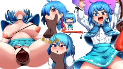 Rule 34 | 1boy, 1girl, ahoge, alternate breast size, arms up, bar censor, black panties, blue eyes, blue hair, blue skirt, blue vest, blush, breasts, breasts apart, censored, center frills, closed mouth, clothed sex, clothing aside, coin, collarbone, crossed arms, dark-skinned male, dark skin, empty eyes, face grab, fang, frills, gluteal fold, hair between eyes, head back, hetero, heterochromia, highres, holed coin, hypnosis, karakasa obake, large breasts, long sleeves, looking at viewer, mind control, motion blur, navel, nipples, open mouth, panties, panties aside, pendulum, peso (cheese company), pleated skirt, purple umbrella, pussy, red eyes, saliva, sex, shiny skin, short hair, simple background, skirt, smile, spread legs, sweat, sweatdrop, tatara kogasa, tears, tongue, tongue out, touhou, umbrella, underwear, v-shaped eyebrows, vaginal, vest, white background, x-ray