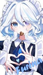 Rule 34 | 1girl, absurdres, alternate costume, apron, ascot, black shirt, blue ascot, blue eyes, blue hair, blue nails, blue pupils, blush, brooch, center frills, character name, chocolate, collared shirt, dot nose, enmaided, food in mouth, frilled shirt, frills, furina (genshin impact), genshin impact, hair intakes, heart, heart hands, heterochromia, highres, jewelry, looking at viewer, maid, maid headdress, medium hair, multicolored hair, nail polish, purple eyes, purple pupils, ritzchrono, shirt, solo, streaked hair, upper body, white apron, white hair