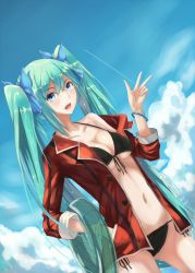 Rule 34 | 1girl, a5125924, bad id, bad pixiv id, bikini, black bikini, blue eyes, bracelet, breasts, cleavage, cloud, contrail, day, dutch angle, echj, front-tie top, green hair, hair ribbon, hand in pocket, hatsune miku, innertube, jacket, jewelry, long hair, medium breasts, navel, off shoulder, open clothes, open jacket, open mouth, ribbon, side-tie bikini bottom, sky, solo, swim ring, swimsuit, transparent, twintails, very long hair, vocaloid