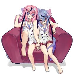 Rule 34 | 2girls, bare arms, bare legs, barefoot, blue eyes, blue hair, blue nails, collarbone, collared shirt, commentary, couch, gradient hair, grin, gynoid talk, hair flaps, highres, hikimayu, holding, holding hair, holding hands, interlocked fingers, ishitsuki ( 0101 831), long hair, looking at viewer, meika hime, meika mikoto, multicolored hair, multiple girls, nail polish, pink eyes, pink hair, red nails, red shorts, sailor collar, shirt, short shorts, shorts, simple background, sitting, sleeveless, sleeveless shirt, smile, toenail polish, toenails, two-tone hair, vocaloid, white background, white sailor collar, white shirt