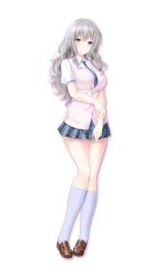 Rule 34 | 1girl, beads, blush, braid, breasts, cardigan, full body, grey eyes, grey hair, hair beads, hair ornament, hairclip, large breasts, long hair, looking at viewer, love clear, misumi ritsu, necktie, nironiro, official art, plaid, plaid skirt, pleated skirt, school uniform, shirt, shoes, skirt, socks, solo, standing, transparent background, wing collar