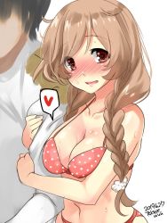 Rule 34 | 1boy, 1girl, arm hug, artist name, bikini, blush, braid, breasts, cleavage, cloud hair ornament, collarbone, commentary request, dated, faceless, faceless male, gradient hair, highres, kantai collection, large breasts, light brown hair, long hair, looking at viewer, minegumo (kancolle), multicolored hair, one-hour drawing challenge, open mouth, orange bikini, polka dot, polka dot bikini, red eyes, simple background, swimsuit, takase muh, twin braids, white background