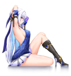 Rule 34 | 1girl, absurdres, armpits, arms behind head, black footwear, black gloves, blue dress, boots, breasts, commentary request, covered erect nipples, dress, gloves, highres, honkai: star rail, honkai (series), jingliu (honkai: star rail), long hair, looking at viewer, medium breasts, profile, red eyes, royboy, sideboob, simple background, solo, thighs, white background, white hair