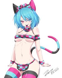 Rule 34 | 1girl, alternate costume, animal ears, black thighhighs, blue eyes, blue hair, blue thighhighs, blush, borrowed character, breasts, cat ears, cat tail, cleavage, dated, grin, heterochromia, looking at viewer, maid, medium breasts, monster girl, nail polish, navel, no panties, original, parted lips, pink eyes, pink nails, pink thighhighs, scarlet zel, signature, sitting, smile, solo, striped clothes, striped tail, striped thighhighs, tail, teeth, thighhighs, vomi agogo (slugbox)