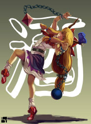Rule 34 | 1girl, absurdres, bad id, bad pixiv id, blonde hair, bow, chain, club3, drunk, female focus, fighting stance, full body, gradient background, hair bow, highres, horns, ibuki suika, long hair, solo, touhou