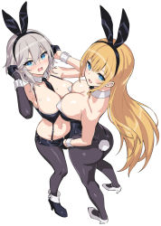 Rule 34 | 2girls, animal ears, arm warmers, ass, azur lane, bare arms, bare shoulders, between breasts, black footwear, black gloves, black legwear, black leotard, black shorts, blonde hair, blue eyes, blush, breast press, breasts, cleavage, commentary request, crop top, detached collar, embarrassed, fake animal ears, fake tail, from above, gloves, hairband, half gloves, hands up, high heels, highleg, highleg leotard, highres, hori (hori no su), large breasts, leotard, long hair, looking at viewer, looking back, looking up, micro shorts, midriff, mole, mole on breast, multiple girls, navel, necktie, north carolina (azur lane), north carolina (the heart&#039;s desire) (azur lane), nose blush, official alternate costume, open fly, open mouth, pantyhose, rabbit ears, rabbit tail, revealing clothes, shoes, short hair, shorts, single arm warmer, smile, stomach, suspenders, sweat, symmetrical docking, tail, unzipping, v-shaped eyebrows, very long hair, washington (azur lane), white footwear, white hair, wrist cuffs