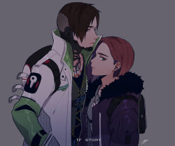 Rule 34 | 1boy, 1girl, alternate hair length, alternate hairstyle, animification, apex legends, backpack, bag, black hair, brother and sister, crypto (apex legends), from side, fur trim, green sleeves, hair behind ear, highres, hood, hooded jacket, iyo (nanaka-0521), jacket, jewelry, looking to the side, mila alexander, mole above eye, necklace, parted hair, purple jacket, short hair, siblings, upper body, white jacket