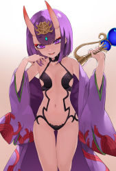 Rule 34 | 1girl, bare shoulders, bebe (bebe pp), blush, bob cut, breasts, eyeliner, fate/grand order, fate (series), headpiece, highres, horns, japanese clothes, kimono, long sleeves, looking at viewer, makeup, navel, oni, open clothes, open kimono, open mouth, purple eyes, purple hair, purple kimono, revealing clothes, short eyebrows, short hair, shuten douji (fate), simple background, skin-covered horns, small breasts, smile, solo, twitter username, white background