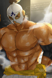 Rule 34 | 1boy, abs, absurdres, bara, brown hair, el fuerte, highres, huge pectorals, kata (o) ware, looking at viewer, looking to the side, luchador mask, male focus, muscular, muscular male, navel, nipples, parted lips, solo, steaming body, street fighter, strongman waist, thick eyebrows, topless male