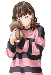 Rule 34 | 1girl, black nails, blush, brown hair, closed eyes, closed mouth, holding, holding stuffed toy, long sleeves, mattaku mousuke, multicolored hair, nail polish, original, puffy long sleeves, puffy sleeves, shirt, simple background, smile, solo, streaked hair, striped clothes, striped shirt, stuffed animal, stuffed toy, teddy bear, upper body, white background