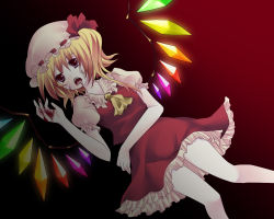 Rule 34 | 1girl, ascot, bad id, bad pixiv id, blonde hair, blood, blood on face, blood on hands, collared shirt, crystal, feet out of frame, female focus, flandre scarlet, frilled shirt collar, frilled skirt, frills, gradient background, hat, hat ribbon, mob cap, puffy short sleeves, puffy sleeves, red background, red ribbon, red skirt, red vest, ribbon, ribbon-trimmed headwear, ribbon trim, shirt, short sleeves, side ponytail, skirt, skirt set, solo, tepengu, touhou, vest, white hat, white shirt, wings, yellow ascot