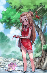 Rule 34 | 1girl, ai-chan (dokidoki! precure), blush, brown hair, dokidoki! precure, dress, hair bun, heart hair bun, highres, isedaichi ken, lobster, long hair, madoka aguri, precure, red dress, solo, swimming, wading, water, wet, wet clothes, wringing clothes