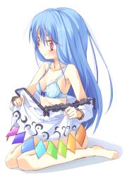 Rule 34 | 1girl, bad id, bad pixiv id, barefoot, blue bra, blue hair, blue panties, blush, bra, breasts, commentary, full body, highres, hinanawi tenshi, ina (inadahime), long hair, medium breasts, panties, red eyes, shirt down, sitting, solo, touhou, underwear, undressing, wariza