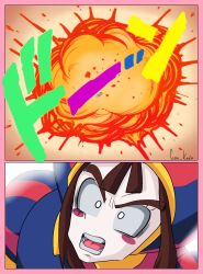 Rule 34 | !?, ..., 1girl, angry, aura, brown hair, cavi keda, confetti, death, dragon ball, explosion, hat, heterochromia, jester, jester cap, looking at another, parody, pomni (the amazing digital circus), serious, short hair, simple background, style parody, the amazing digital circus, toriyama akira (style)