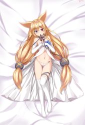 Rule 34 | 1girl, animal ears, bad id, bad pixiv id, barcode, barcode tattoo, bed sheet, blonde hair, blue eyes, blush, breasts, dress, g41 (girls&#039; frontline), girls&#039; frontline, hair between eyes, hair ornament, heterochromia, highres, kemo (pokka), long hair, looking at viewer, lying, mouth hold, navel, no shoes, on back, open clothes, open dress, own hands together, panties, red eyes, sidelocks, small breasts, solo, stomach, tattoo, thigh strap, thighhighs, twintails, underwear, very long hair, white dress, white panties, white thighhighs