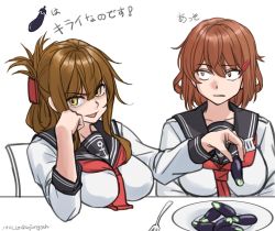 Rule 34 | 2girls, aged up, alternate breast size, anchor symbol, black sailor collar, brown eyes, brown hair, dated, dilated pupils, eggplant, folded ponytail, fork, hair ornament, hairclip, highres, ikazuchi (kancolle), inazuma (kancolle), kantai collection, long hair, long sleeves, looking at viewer, multiple girls, nanodesu (phrase), neckerchief, one-hour drawing challenge, plate, red neckerchief, sailor collar, school uniform, serafuku, shirt, short hair, simple background, sozan, translation request, twitter username, upper body, white background, white shirt