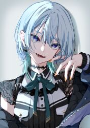 Rule 34 | 1girl, black choker, black dress, blue eyes, blue hair, blue jacket, bow, bow earrings, choker, collared dress, dress, earrings, grey background, hair between eyes, hair over eyes, highres, hololive, hoshimachi suisei, hoshimachi suisei (streetwear), jacket, jewelry, lace, lace choker, lace sleeves, light blue hair, looking at viewer, lower teeth only, medium hair, mirai99, nail polish, neck ribbon, off shoulder, official alternate costume, official alternate hairstyle, open clothes, open jacket, open mouth, orange nails, ribbon, short dress, short hair, short sleeves, sidelocks, simple background, sleeves past wrists, smile, star-shaped pupils, star (symbol), swept bangs, symbol-shaped pupils, teeth, upper body, virtual youtuber