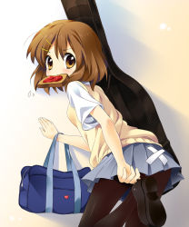Rule 34 | 00s, 1girl, bag, bandages, bread, bread slice, brown eyes, brown hair, food, food in mouth, from behind, guitar case, hair ornament, hairclip, hirasawa yui, instrument case, k-on!, looking back, mouth hold, paco, pantyhose, putting on shoes, school bag, school uniform, shoes, short hair, skirt, solo, sweatdrop, sweater vest, toast, toast in mouth