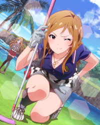 Rule 34 | 10s, 2girls, ;), ball, brown eyes, brown hair, golf, golf ball, golf club, idolmaster, idolmaster million live!, jewelry, lens flare, looking at viewer, momose rio, multiple girls, necklace, official art, one eye closed, palm tree, shinomiya karen, smile, tree, wink