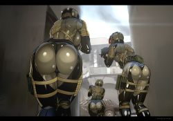 Rule 34 | 3girls, absurdres, alley, ass, ass focus, black panties, body armor, breasts, bullpup, cameltoe, chaps, commentary, curvy, dagger, english commentary, formation, frogs (metal gear), frogs (mgs), from behind, from below, gun, haven trooper, helmet, highres, knife, large breasts, metal gear (series), metal gear solid 4: guns of the patriots, multiple girls, nisetanaka, p90, paid reward available, panties, panties over bodysuit, personal defense weapon, pouch, pouches, red goggles, scabbard, sheath, shiny clothes, sideboob, skin tight, smoke, sneaking, submachine gun, tactical clothes, thick thighs, thigh pouch, thighs, underwear, weapon