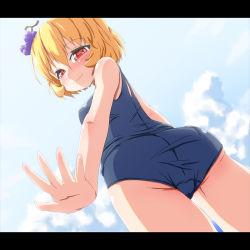 Rule 34 | 1girl, aki minoriko, alternate costume, ass, blonde hair, blush, cameltoe, cloud, day, female focus, food, from behind, from below, fruit, grapes, hair ornament, letterboxed, looking at viewer, looking back, one-piece swimsuit, outstretched hand, red eyes, school swimsuit, short hair, sky, smile, solo, swimsuit, touhou, waribashi-p