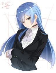 Rule 34 | 10s, 1girl, :o, artist name, black jacket, blue eyes, blue hair, bow, bowtie, braid, breasts, center frills, choker, collared shirt, dress shirt, expressionless, eyebrows, formal, frills, hand on own arm, holding own arm, isshiki (ffmania7), jacket, kiznaiver, long hair, looking at viewer, matching hair/eyes, parted lips, purple bow, purple bowtie, shirt, simple background, single braid, small breasts, solo, sonozaki noriko, suit, tsurime, upper body, white background