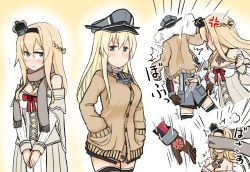 Rule 34 | 10s, 2girls, ^^^, alternate costume, anchor choker, anger vein, atsushi (aaa-bbb), bare shoulders, bismarck (kancolle), blonde hair, blue eyes, blush, braid, breasts, brown gloves, cardigan, cleavage, comic, corset, crown, detached sleeves, dress, female focus, flower, flying sweatdrops, french braid, full-face blush, gloves, gradient background, grey legwear, hair between eyes, hairband, hands in pockets, hat, highres, jewelry, kantai collection, kriegsmarine, large breasts, long hair, long sleeves, looking at another, military, military hat, military uniform, mini crown, multiple girls, necklace, off shoulder, peaked cap, red flower, red ribbon, red rose, ribbon, rose, scarf, sweater, thighhighs, throwing, tsundere, uniform, warspite (kancolle), white background, white dress