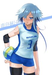 Rule 34 | 1girl, ball, blue eyes, blue shorts, bright pupils, character name, commentary request, cowboy shot, elbow pads, english text, grey hair, highres, holding, holding ball, long hair, marumi (shiro maru), open mouth, original, parted lips, shiro maru, shirt, short shorts, shorts, simple background, skindentation, sleeveless, sleeveless shirt, solo, sportswear, standing, sweat, thighhighs, volleyball, volleyball (object), volleyball uniform, white background, white pupils, white shirt