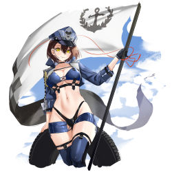 Rule 34 | 1girl, azur lane, baltimore (azur lane), baltimore (finish line flagbearer) (azur lane), bikini, black bikini, black gloves, blue bikini, blue footwear, blue hat, blue jacket, boots, braid, breasts, bridal garter, brown hair, choker, cleavage, closed mouth, collarbone, commentary request, cowboy shot, cropped jacket, cropped legs, flag, french braid, gloves, hair between eyes, hat, highleg, highleg bikini, highres, holding, holding pole, jacket, large breasts, looking at viewer, marumai, micro shorts, mismatched bikini, navel, official alternate costume, open clothes, open jacket, partial commentary, peaked cap, pole, race queen, short hair, shorts, sidelocks, simple background, single glove, skindentation, smile, solo, standing, stomach, swimsuit, thigh boots, tire, underboob, underbust, white background, yellow eyes