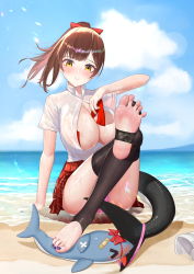 Rule 34 | 1girl, absurdres, arm support, bandages, barefoot, beach, between breasts, black legwear, blue sky, blush, bow, breasts, brown eyes, brown hair, cetacean tail, cleavage, cloud, collared shirt, commentary request, dress shirt, feet, fins, fish tail, hair bow, high ponytail, highres, large breasts, nail polish, nanami (virtuareal), nijisanji, ocean, panties, parted lips, pink panties, plaid, plaid skirt, red bow, red skirt, sand, see-through, shark, shirt, shore, short sleeves, sidelocks, sitting, skirt, sky, soles, tail, thighs, toeless legwear, toenail polish, toenails, toes, underwear, ursica, virtual youtuber, virtuareal, water, waves, wet, wet clothes, wet shirt, whale tail (clothing), white shirt