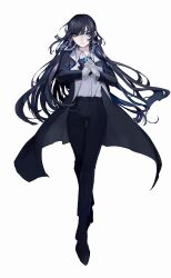 Rule 34 | 1girl, ado (utaite), black footwear, black hair, black suit, blue eyes, blue flower, blue hair, blue rose, chando (ado), collared shirt, crossed legs, dark blue hair, dress pants, dress shirt, expressionless, floating hair, flower, formal, full body, gloves, highres, jacket, long hair, long jacket, long sleeves, messy hair, niconico, official art, open clothes, open jacket, orihara (ewkkyorhr), own hands clasped, own hands together, pant suit, pants, parted lips, real life, rose, shirt, simple background, solo, standing, suit, suit jacket, swept bangs, utaite, very long hair, walking, white background, white gloves, white shirt